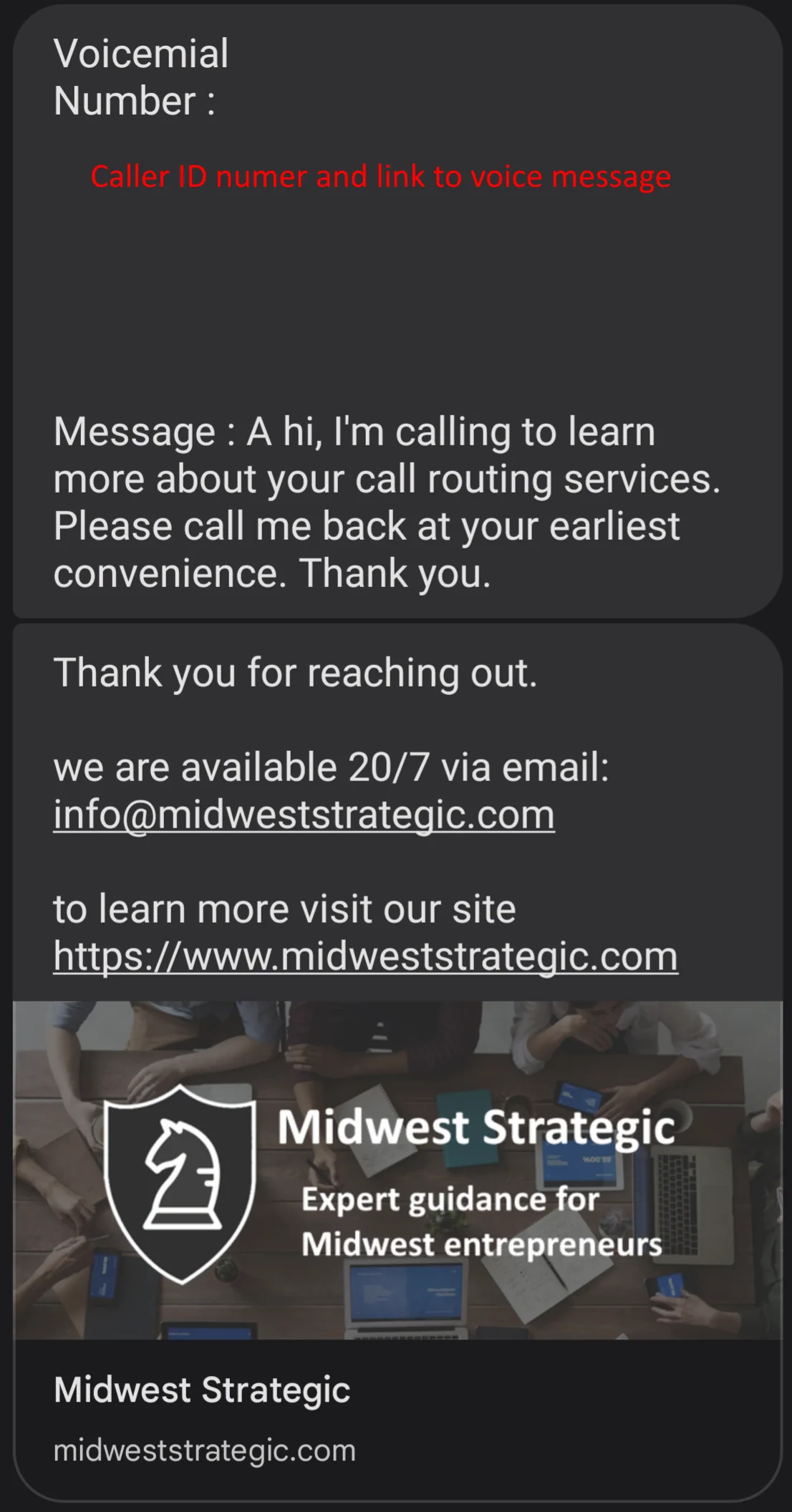 Midwest Strategic Call Routing: Example of both messages together, top is what you will see and the bottom is what the customer sees.